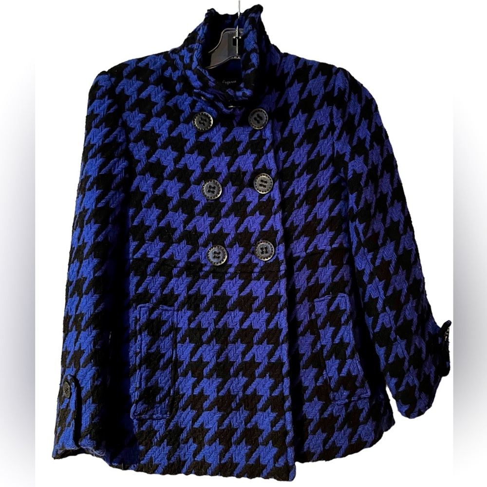 Express Women’s Black & Royal Blue Wool Satin Houndstooth Print Pea Coat NWT XS